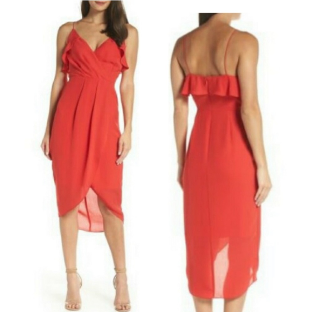 Chelsea28 ruffle tulip hem women midi coral dress Size 12